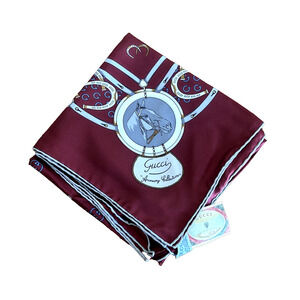 Nos NWT Vintage GUCCI Accessory Collection Silk Scarf 32in Horse Chain Burgundy